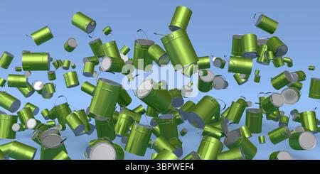 Viele fliegende Metalldosen oder Eimer auf blauem Hintergrund. Stockfoto