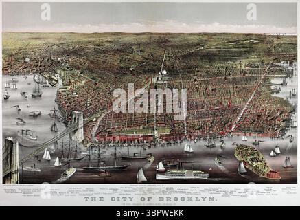 Vintage-Illustration aus der Vogelperspektive der Stadt Brooklyn, New York, wie sie 1879 erschien. Diese Panorama-Lithografie wurde von Currier & Ives entworfen und zeigt die im Bau befindliche Brooklyn Bridge, den lebhaften Verkehr am East River und das detaillierte Stadtbild mit beschrifteten Sehenswürdigkeiten. Stockfoto