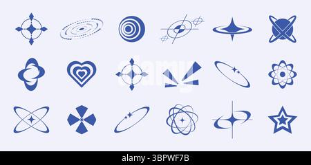 Y2K-Vektorelemente der trendigen geometrischen Brutalismusformen, Logos, Raster, memphis-Design. Einfache Säure Formen, Rave Symbole und Rahmen y2k Stil. Stock Vektor