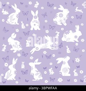 Satz der netten weißen Kaninchen Vektor-Illustration. Entzückendes Häschen mit verschiedenen Posen, Schmetterlingen, Blumen. Handgezeichnetes Design für Deko-, Karten-, Kinder-. Stock Vektor