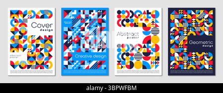 Abstrakte Geschäftsposter mit geometrischem Muster. Vektorsatz mit Vintage-Kunsthintergründen oder vertikalen Layoutvorlagen mit minimalen runden, dreieckigen und quadratischen Formen in Rot, Blau und Gelb. Stock Vektor