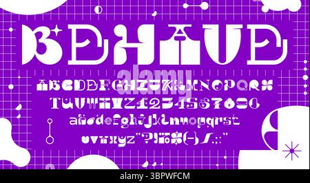 Abstrakte moderne brutale Schriftart, geometrische Schriftzeichen. Vektor-Y2K-Groovy-Alphabet. Auffällige dekorative abc-Großbuchstaben und Kleinbuchstaben, Zahlen und Satzzeichen auf violettem Gitterhintergrund Stock Vektor