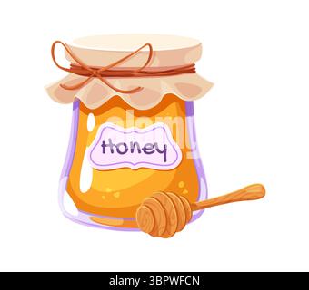 Thanksgiving Day Cartoon Symbol von Honigglas und Löffel für Herbstferien, Vektor-Symbol. Happy Thanksgiving Day Symbol für Grußkarte, Honig im Glas für traditionelles Feiertagsessen Stock Vektor
