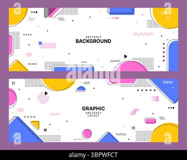 Abstrakte Banner mit geometrischem Memphis-Muster. Vorlage für horizontale Flyer oder Poster mit abstrakten grafischen Formularen. Funkige Banner mit gelben, rosa und weißen Memphis-Figuren oder -Formen Stock Vektor