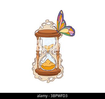 Sanduhr, Sanduhr, Retro-Hippie-Groovy-Objekt. Zeitmessung und Fluss mit alten hölzernen Sanduhr und psychedelischen Schmetterlings funky Vektor Konzept oder groovige Retro-Ikone. Magische Fantasy-Sanduhr Stock Vektor