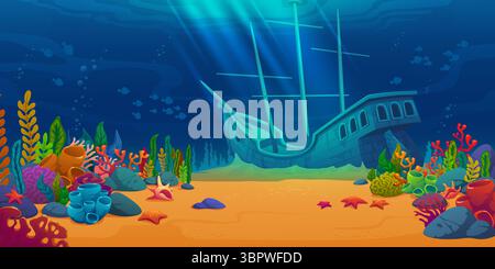 Versunkenes Schiff im Meer Unterwasser Landschaft Vektor Hintergrund. Cartoon Ocean Under Water World Game Level Szene des Schiffbruchs am Korallenriff mit Sandboden, Algen, Fischschwärmen, Seesternen und versunkenem Schiff Stock Vektor
