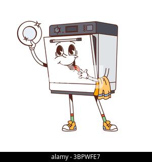 Cartoon-groovige Retro-Geschirrspülmaschinen-Möbel und Innenausstattung mit großen Augen, ausgezogener Zunge, Sneakers, einem glitzernden Teller und einem Handtuch. Vector funky Vintage y2k Küchengerät Personage Stock Vektor