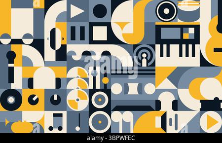Musik und Klang geometrischer Muster Hintergrund mit musikalischen Elementen. Abstrakte Vektor-modulare Fliese mit Retro-Formen von Mikrofon, Kopfhörer, Vinyl, Noten, cd, Symbole für Lautsprecher, Klavier und Podcast Stock Vektor