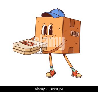 Cartoon-groovige Lieferbox-Figur in Kuriermütze, hält zwei Pizzaschachteln und lächelt. Vector Retro Food Service Personage mit nostalgisch funky y2k Vibe zeigt Verpackung, Fast Food oder Logistik Stock Vektor