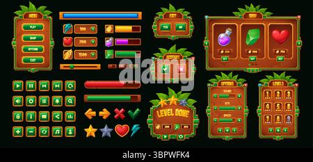 Aztec Inca Maya mexikanische Spiel-ui-Oberfläche und Schaltflächenelemente Asset. Comic Vector Dschungel und tropische Abenteuer oder Plattformspiel gui-Kit-Schieberegler, Level-Menüs und Symbole, Herzen, Tränke, Edelsteine, Sterne Stock Vektor