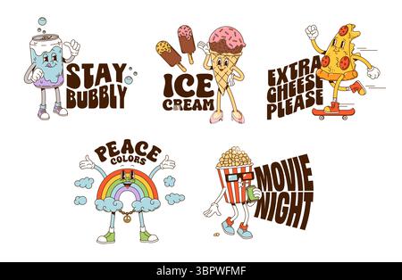 Fastfood-Cartoon y2k groovige Aufkleber. Verspielte Retro-Snacks, Regenbogen, Eiscreme-Persönlichkeiten und typografische Slogans wie Stay Bubbly, extra Cheese Please und Filmabend, die Spaß und nostalgische 70er-Jahre-Stimmung wecken Stock Vektor