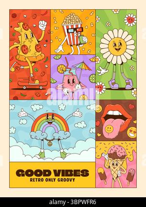 Vintage Collage groovige Cartoonfiguren Poster. Vektor Retro fröhliche Pizza, Popcorn, Blume, Getränk, Regenbogen, Lippen und Eiscreme y2k-Charaktere verbreiten fröhliche, Hippie- und ausdrucksstarke gute Vibes Stock Vektor