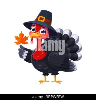 Cartoon Thanksgiving Day truthahnfigur in Pilgermütze mit Ahornblatt. Lustiger festlicher Vogel mit schwarzen Federn, roter Flegel und hellen Augen. Vektor-Herbstsymbol der Erntefeier Stock Vektor