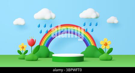 3D Kindergarten Podium Bühne mit Sommerblumen und Regenbogen. Verspielte Cartoon-Vektorlandschaft mit einem leuchtenden Regenbogen über der kreisrunden Szene, flauschigen Wolken mit Regentropfen und blühenden Blumen Stock Vektor