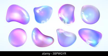 Holographische Farbverläufe – farbenfrohe abstrakte Globen in lebhaften Pastellrosa- und Lila-, Türkis- und Blautönen. Irisierende Flüssigkeitsformen. Helle dekorative Flüssigkeitselemente, glänzende Vektorblasen. Stock Vektor