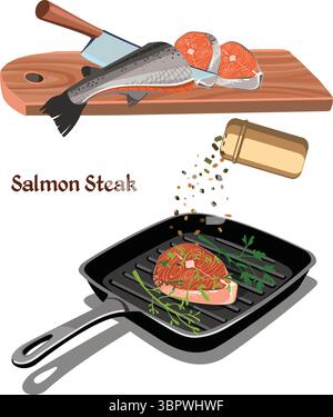 Skizze bunte Lachs Steak Kochkonzept mit Fisch Stück Braten Auf Pan Food Gewürze und Gewürze Vektor-Illustration Stock Vektor