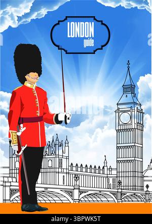 Illustration mit einer Queen's Guard, Big ben, und den Houses of parliament, die berühmte londoner Wahrzeichen darstellen Stock Vektor