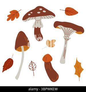 Pilzpflanzen. Handgezogene natürliche Lebensmittel. Sammlung von Herbstelementen für Scrapbooking, Wohnkultur und Design, Grußkarte, Banner, Poster, Etikett. Stock Vektor