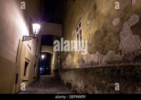Die gepflasterte Gasse ist in flachem Design mit Metalllaternen und Bögen zu sehen Stockfoto