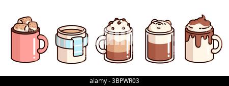 Weihnachtsfeiertags-Kaffeetasse mit Marshmallows mit heißer Schokolade, gemütlicher Becher mit blauem Schal, Cappuccino mit Schlagsahne, Latte Foam Bear Design und Kakao tropfende weiße Keramik. Stock Vektor