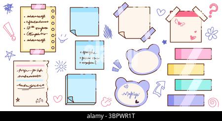 Niedliche Notizheftsammlung - zerrissenes Papier mit Handschrift, blaue Haftnotizen, klebte Blätter, lila bärenförmige Erinnerungen. Buntes Schreibwarenset mit Kritzeleien wie für Planer oder Scrapbooking. Stock Vektor