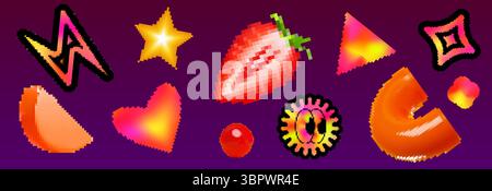 Neon y2k-Brutalismus-Elemente mit Pixelgrafik – leuchtende Verlaufsformen, glänzende Sterne, Erdbeerfrüchte, geometrische Formsymbole. Digitale Retro-Ästhetik für Vaporwave-Grafik oder nostalgisches Webdesign Stock Vektor