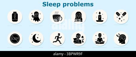 Symbol für Ruheprobleme festlegen. Zeigt Nahrungsergänzungsmittel, Geist, Tee, Maske, Kerze, Pillen, kein Schlaf, Mond, Laufen, umarmen Kissen, Meditation, Gehirn mit Lightnin Stock Vektor