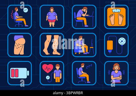 Sedary Lifestyle Set Symbol. Schlechte Körperhaltung, Fettleibigkeit, Müdigkeit, Waage, Cellulite, Krampfadern, sitzender Bildschirm, Blutdruck, Energieabfall, er Stock Vektor