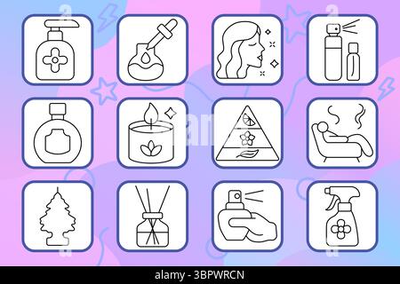 Duftset-Symbol. Raumspray, Ölflasche, Frau mit Duft, Kerze, Entspannung, Notenpyramide, Lufterfrischer, Diffusor, Aroma. Stock Vektor