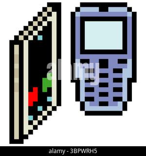 Smartphones und alte Telefone mit Pixelgrafik Stock Vektor