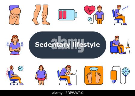Sedary Lifestyle Set Symbol. Cellulite, Krampfadern, niedrige Energie, Herzdruck, Benommenheit, Magenbeschwerden, Fettleibigkeit, Wirbelsäulenschmerzen, Schuppen, intakt Stock Vektor