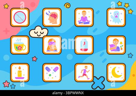 Symbol für Schlafhygiene. Kein Schlafsymbol, Kopfschmerzen, Meditation, Albtraum, Kräutertee, Mädchen mit Maske, Energiekapsel, umarmtem Kissen, Kerzenlicht, sle Stock Vektor