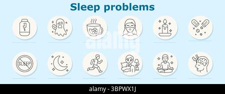 Symbol für Ruheprobleme festlegen. Zeigt Nahrungsergänzungsmittel, Geist, Tee, Maske, Kerze, Pillen, kein Schlaf, Mond, Laufen, umarmen Kissen, Meditation, Gehirn mit Lightnin Stock Vektor