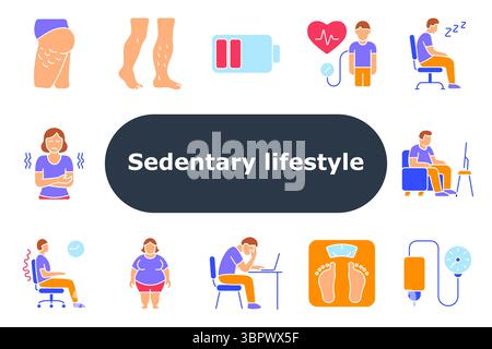 Sedary Lifestyle Set Symbol. Cellulite, Krampfadern, niedrige Energie, Herzdruck, Benommenheit, Magenbeschwerden, Fettleibigkeit, Wirbelsäulenschmerzen, Schuppen, intakt Stock Vektor