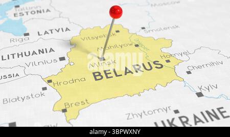 Weißrussland, Minsk – Pin auf politische Karte schieben – 3D-Illustration Stockfoto