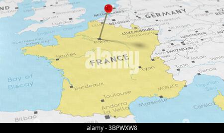Frankreich, Paris – Pin auf politische Karte stecken – 3D-Illustration Stockfoto