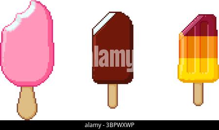 Pixel Art Eiscreme Set. Gefrorene 8-Bit-Köstlichkeiten auf Sticks – fruchtige und mehrschichtige Eiszapfen, mit Schokolade überzogene Tiegel. Retro-Dessert-Grafiken für den Sommer Stock Vektor