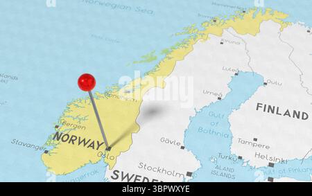 Norwegen, Oslo – Pin auf politische Karte stecken – 3D-Illustration Stockfoto