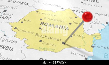 Rumänien, Bukarest – Pin auf politische Karte stecken – 3D-Illustration Stockfoto