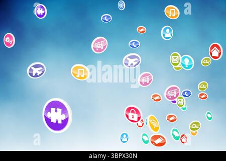 Flache, runde Symbole, die über einen blauen Verlauf mit einem großen lila Puzzleteil gleiten. Digital, Schnittstelle, modern, Konnektivität, Technologie, vi Stockfoto