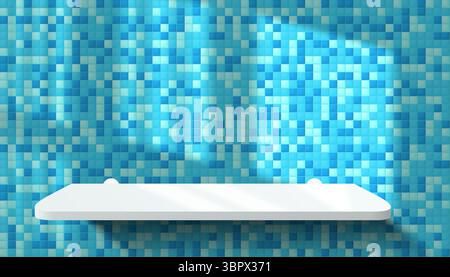 Gekachelte Wand in 3D-Bad oder Küche, realistisch weißes Podium oder Regal aus Acrylprodukten. Vektorblau Mosaik Keramik Fliesen Wand Hintergrund Mockup. Mini Stock Vektor