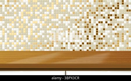 3D-Küchentisch, Arbeitsfläche, goldgeflieste Wand, realistisches helles Holzpodium oder Produktrelade. Vektor graues Gold Mosaik Keramik Fliesen Wand Backg Stock Vektor