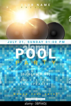 Poster für Poolparty mit tropischen Blättern und Lautsprechern. Design-Vorlage für Sommerfest-Festival. Dschungelpalmen Hintergrund, blaues Mosaikfliesen Poolwasser Stock Vektor