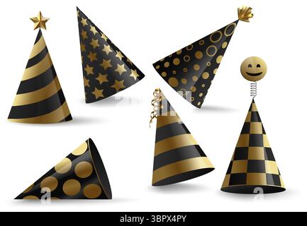 Party Kegel Hut Set isoliert auf weißem Hintergrund. Geburtstagsfeierliche Hutkollektion in verschiedenen Positionen, Winkeln. Lustige Vektordekoration. Schwarzgold Stock Vektor