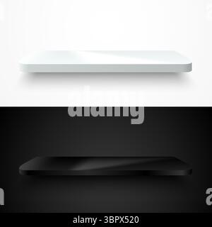 Abstrakte weiße und schwarze Wand im Raum mit realistischem 3D-Regal in weiß und Schwarz oder Acryl. Hintergrundmodellanzeige für Vektorwand Stock Vektor