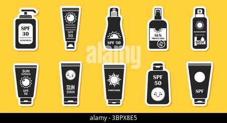 Sonnencreme Papier Sticker Icon Set Kollektion in flachem Stil. Illustration des Hautschutzvektors auf isoliertem Hintergrund. Hautpflege-Apotheke Zeichen Bu Stock Vektor
