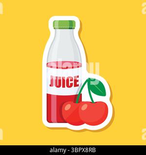 Papieraufkleber mit Kirschsaft in flacher Ausführung. Kirschen trinken Vektor-Illustration auf isoliertem Hintergrund. Gesundes Cocktail-Zeichen-Business-Konzept. Stock Vektor