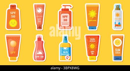 Sonnencreme Papier Sticker Icon Set Kollektion in flachem Stil. Illustration des Hautschutzvektors auf isoliertem Hintergrund. Hautpflege-Apotheke Zeichen Bu Stock Vektor