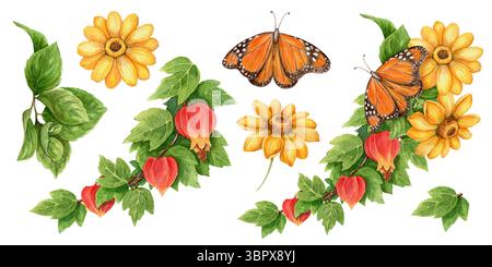 Set mit Ährenzweig und Monarchschmetterling im realistischen Aquarellstil. Gelbe Sonnenblumen und botanische Elemente bilden ein lebhaftes tropisches Arrangement Stockfoto
