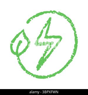 Handgezeichnetes Öko-Energie-Symbol mit grünem Blitz und Blatt im Kreis, Skizzenstil, Umweltsymbol Stock Vektor